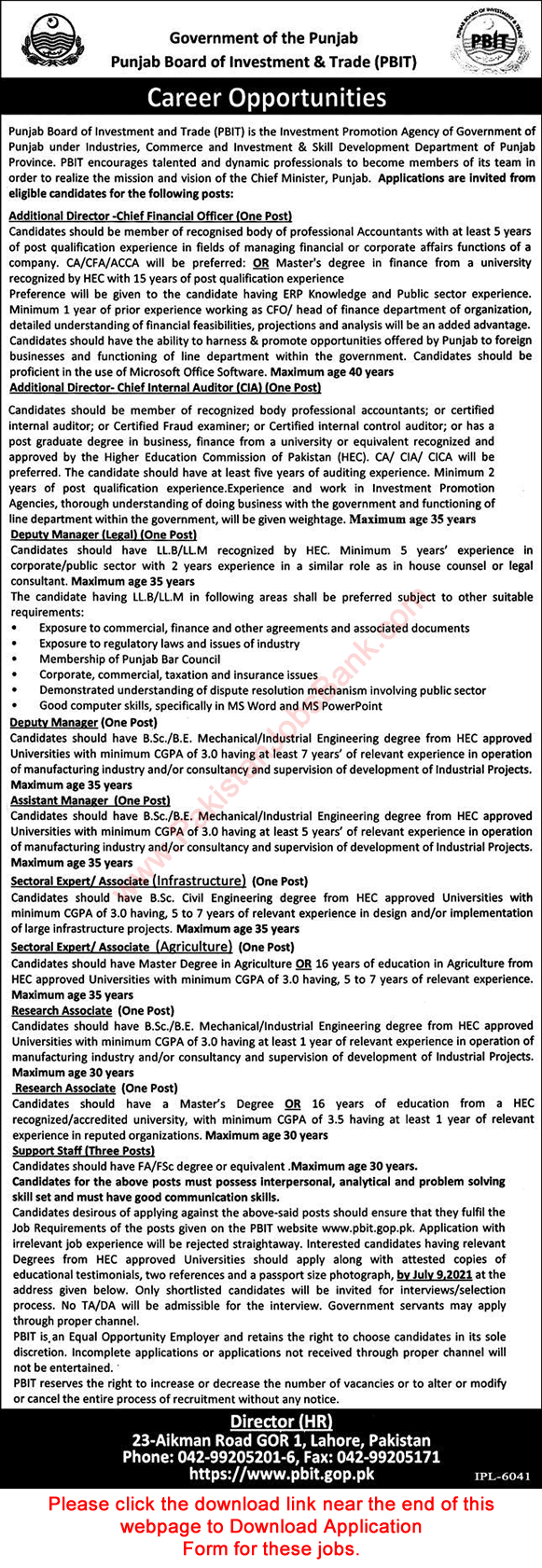 Punjab Board of Investment and Trade Jobs 2021 June PBIT Application Form Latest
