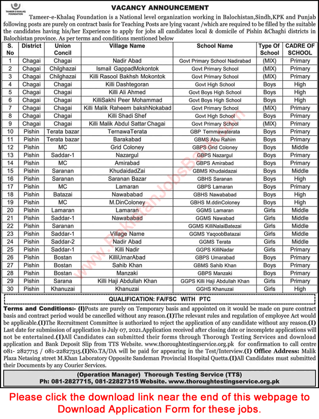 Teaching Jobs in Tameer e Khalaq Foundation Balochistan 2021 June TTS Application Form Latest