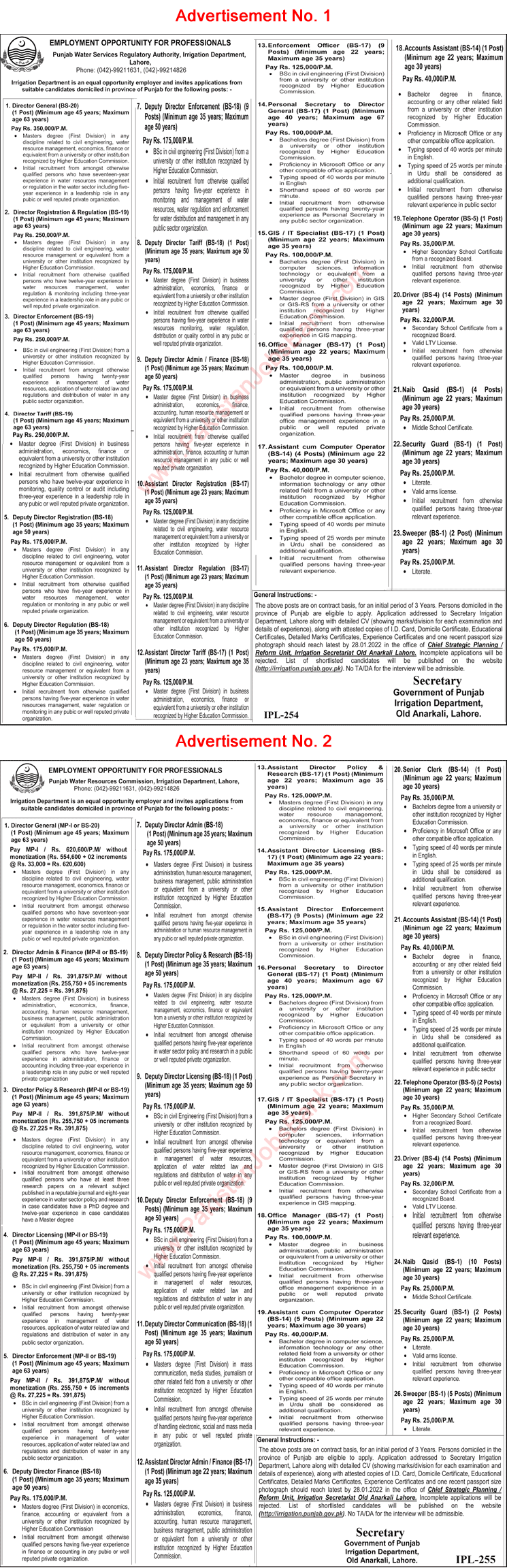 Irrigation Department Punjab Jobs 2022 Water Services Regulatory Authority Assistant / Deputy Directors & Others Latest