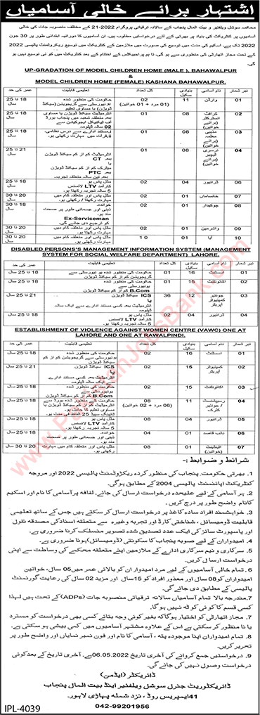 Social Welfare Department Punjab Jobs April 2022 Computer Operators, Drivers & Others Latest