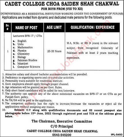 Lecturer Jobs in Cadet College Choa Saidan Shah Chakwal 2022 May / June Latest