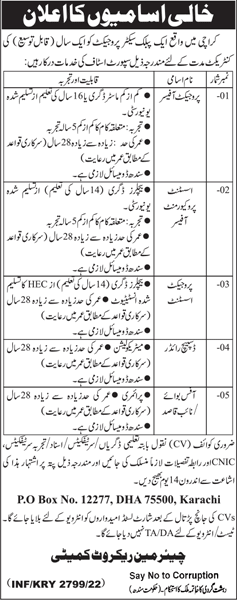 PO Box No 12277 Karachi Jobs 2022 June Public Sector Project Latest