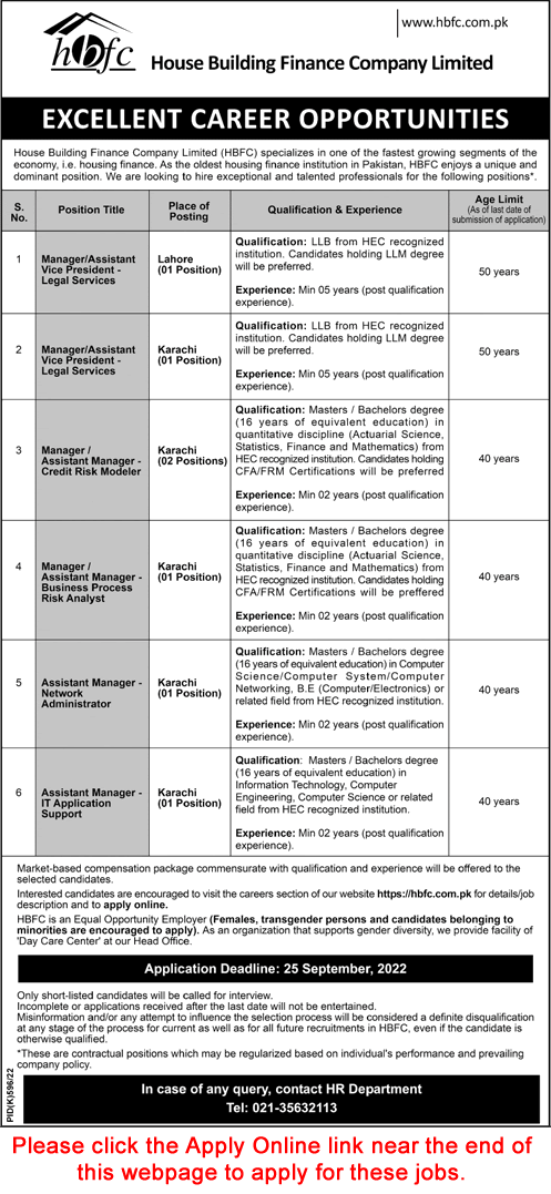 House Building Finance Company Jobs September 2022 Apply Online Assistant Managers & Others HBFC Latest