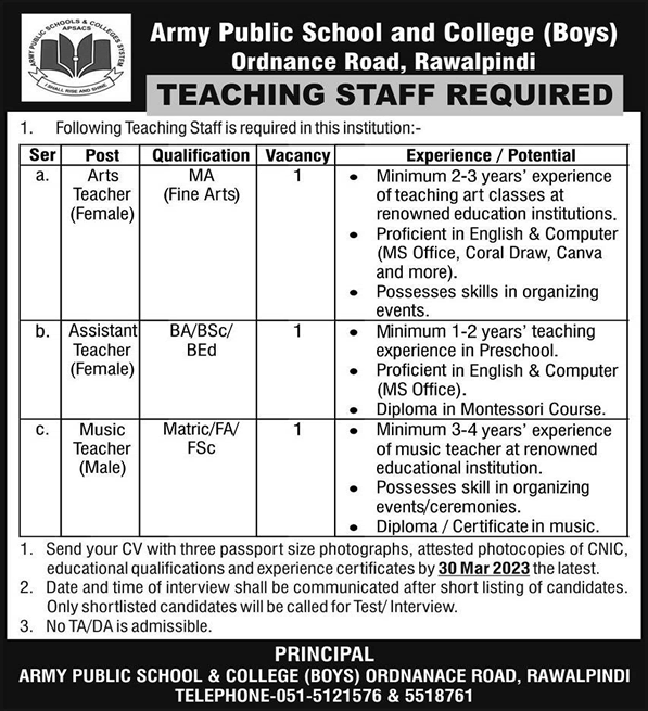 Army Public School and College Rawalpindi Jobs March 2023 Teaching Staff Latest