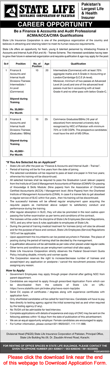 State Life Insurance Corporation Trainee Scheme 2023 August SLIC Jobs Application Form Finance Accounts Audit Latest