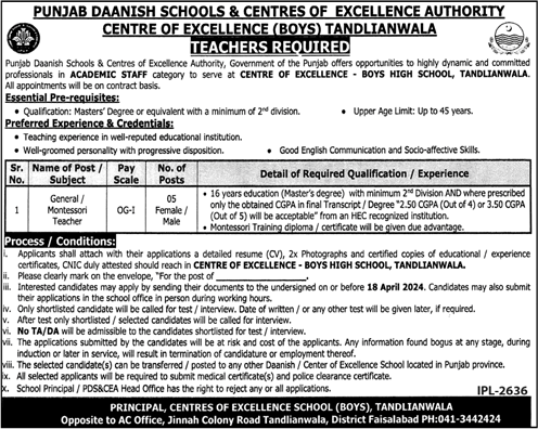 Danish School Tandlianwala Jobs 2024 March / April General / Montessori Teachers Center of Excellence Latest