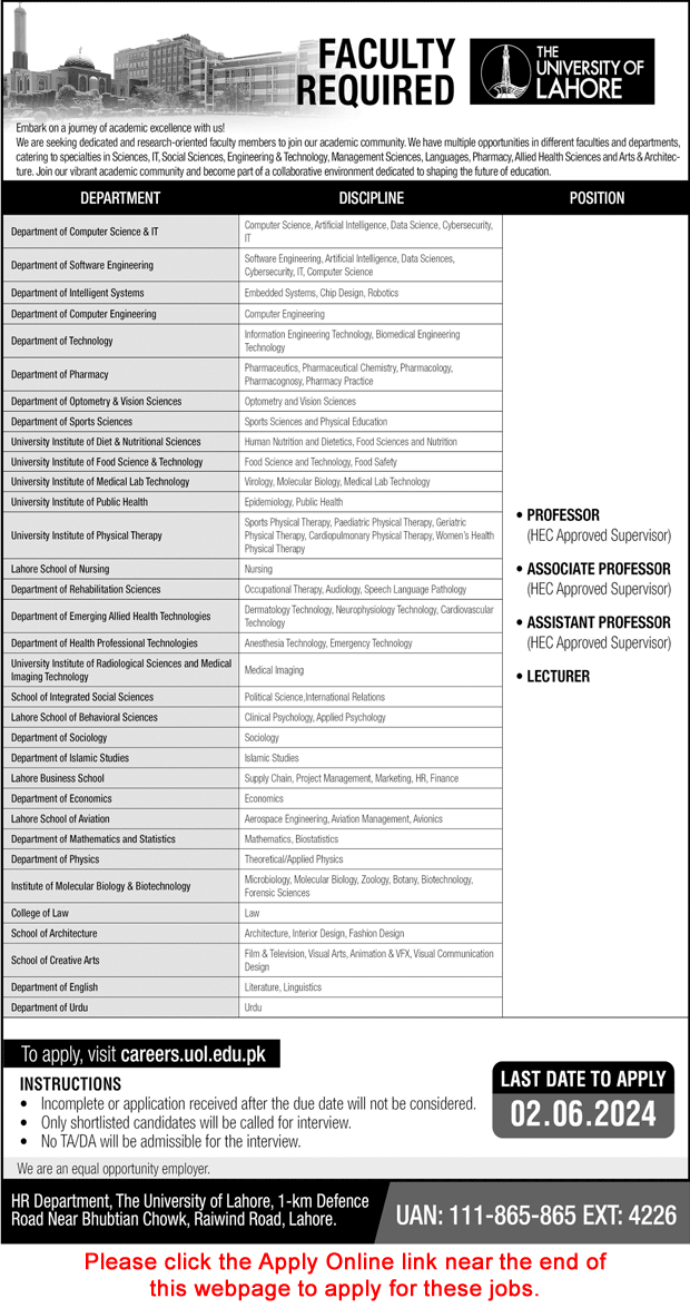 University of Lahore Jobs 2024 May Apply Online Teaching Faculty UOL Latest