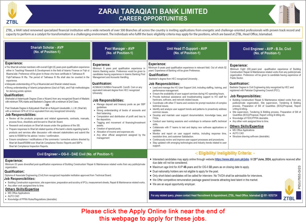ZTBL Jobs June 2024 Apply Online Civil Engineers & Others Zarai Taraqiati Bank Limited Latest