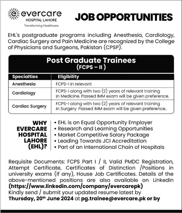 Evercare Hospital Lahore FCPS Postgraduate Training 2024 June EHL Postgraduate Trainees Latest