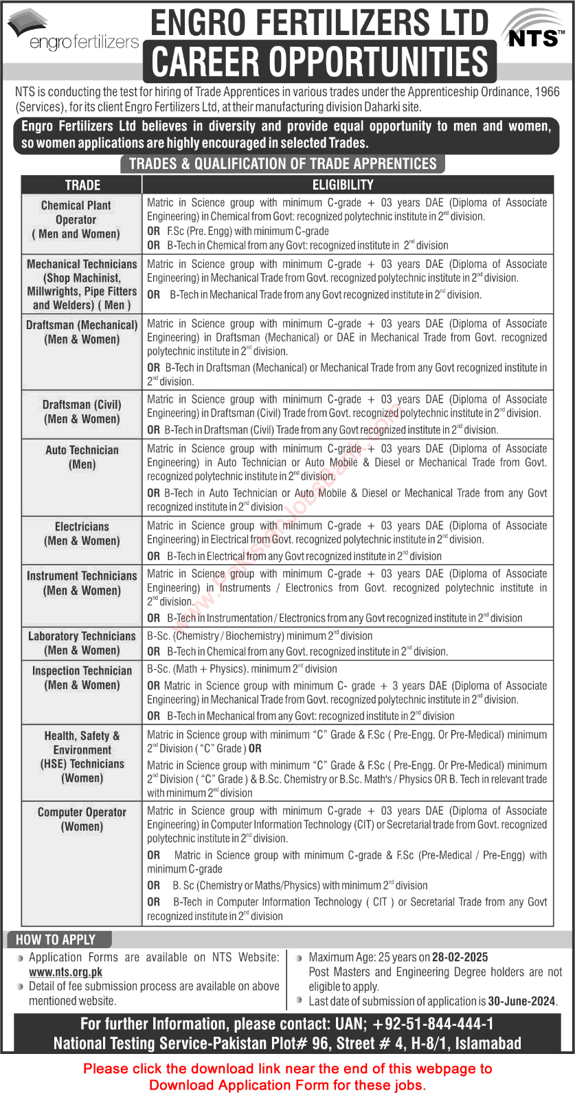 Engro Fertilizer Apprenticeships 2024 June NTS Application Form Trade Apprentices Jobs Latest