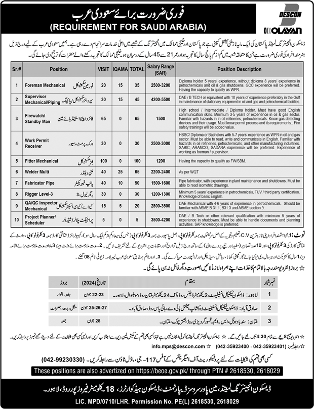 DESCON Engineering Saudi Arabia Jobs June 2024 Fitters, Welders, Fabricators & Others OLAYAN Latest