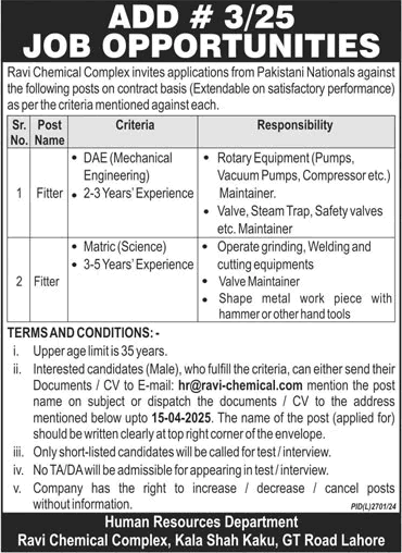 Fitter Jobs in Ravi Chemical Complex Lahore 2025 March / April RCC Latest