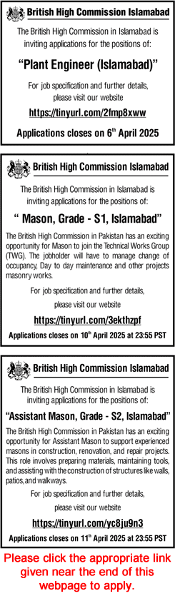 British High Commission Islamabad Jobs March 2025 April Apply Online Plant Engineer & Mason BHC Latest