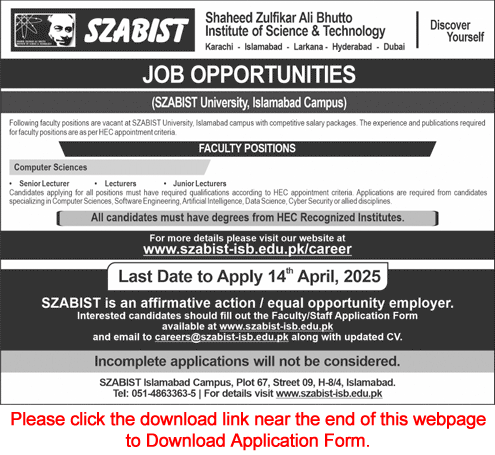 Lecturer Jobs in SZABIST University Islamabad 2025 March / April Application Form Latest