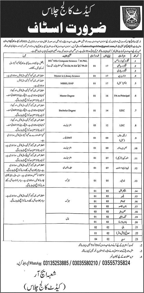 Cadet College Chilas Jobs 2025 April Lecturers, Clerks, Naib Qasid & Others Latest
