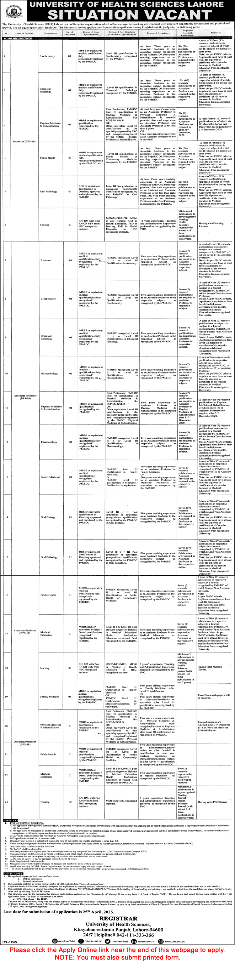 University of Health Sciences Lahore Jobs 2025 April Apply Online Teaching Faculty Latest