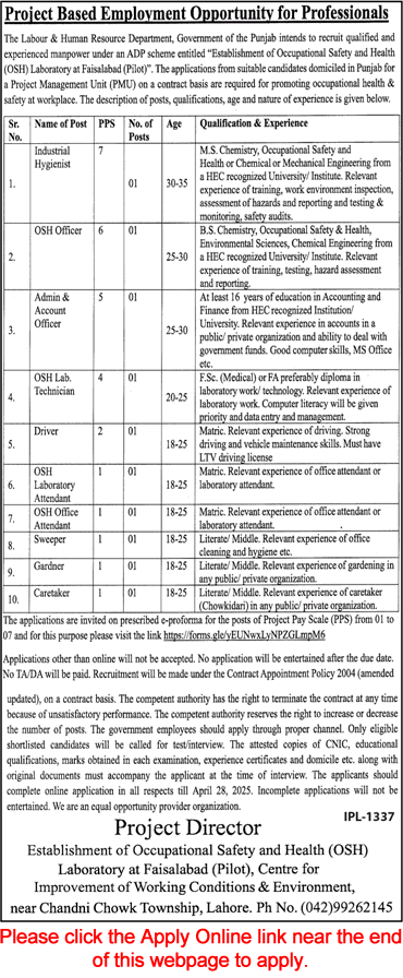 Labour and Human Resource Department Punjab Jobs 2025 April Apply Online Admin / Account Officers & Others Latest