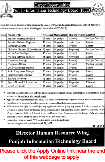 PITB Jobs April 2025 Apply Online Punjab Information Technology Board Latest