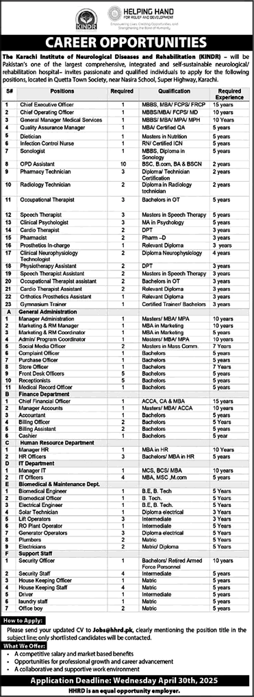 Karachi Institute of Neurological Diseases and Rehabilitation Jobs 2025 April OPD Assistants, Receptionists & Others KINDR Latest
