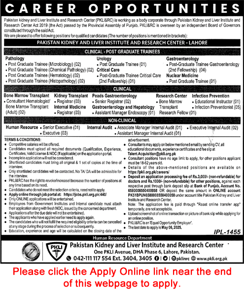 PKLI Lahore Jobs April 2025 Apply Online Pakistan Kidney and Liver Institute and Research Center Latest