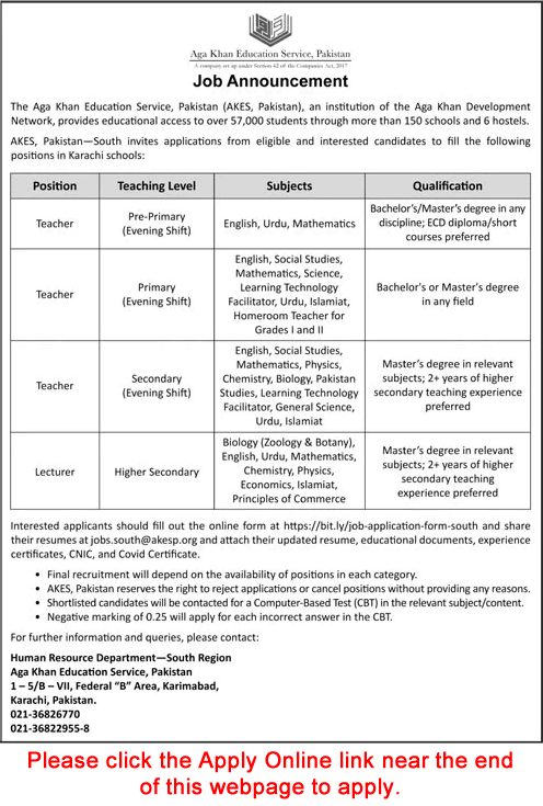 Aga Khan Education Service Karachi Jobs 2025 April / May Apply Online Teachers & Lecturers AKES Latest