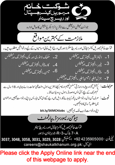 Shaukat Khanum Hospital Lahore Jobs May 2025 Apply Online Electrician, Plumber, Helper & Others SKMCH&RC Latest