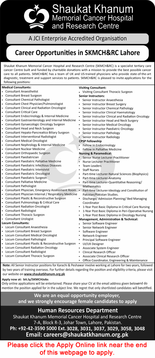 Shaukat Khanum Hospital Lahore Jobs May 2025 Apply Online Medical Consultants, Senior Instructors & Others Latest