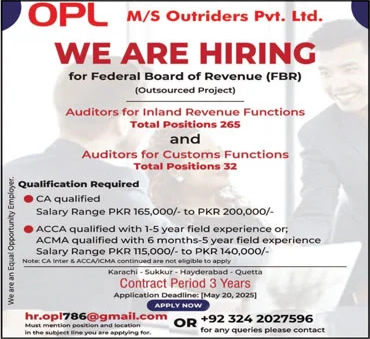 Auditor Jobs in Outriders Pvt Ltd Pakistan 2025 May Inland Revenue / Customs Functions Latest