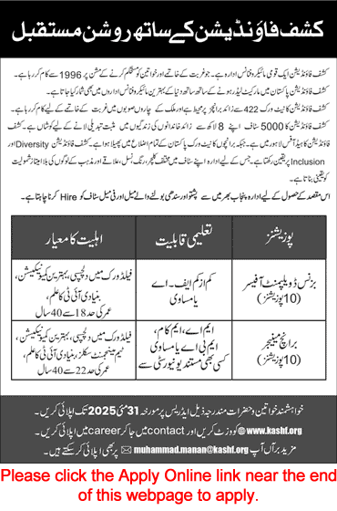 Kashf Foundation Jobs 2025 May Apply Online Business Development Officers & Branch Managers Latest