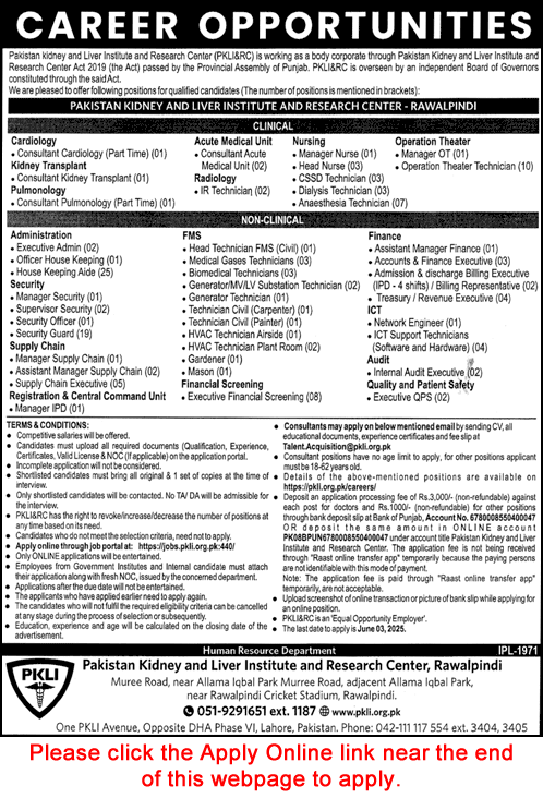 PKLI Rawalpindi Jobs May 2025 Apply Online Pakistan Kidney and Liver Institute and Research Center Latest