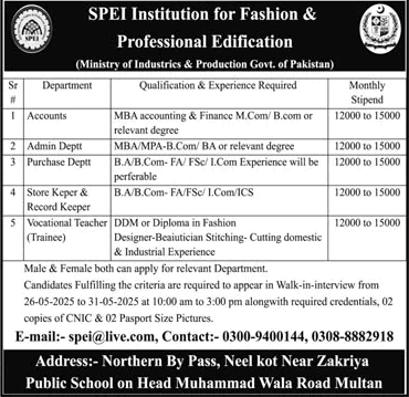 SPEI Institution for Fashion & Professional Edification Multan Jobs 2025 May / June Walk in Interview Latest