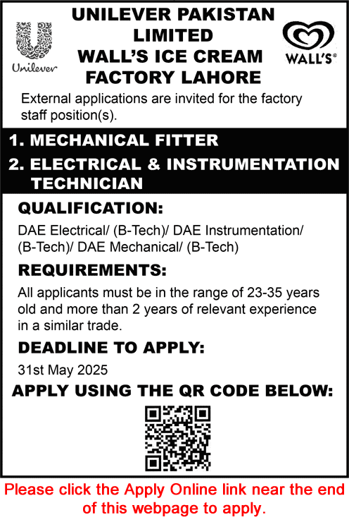 Unilever Walls Ice Cream Factory Lahore Jobs May 2025 June Apply Online Electrical / Instrumentation Technician & Mechanical Fitter Latest