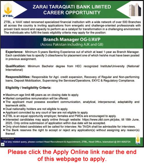 Branch Manager Jobs in ZTBL June 2025 Apply Online Zarai Taraqiati Bank Limited Latest