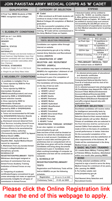 Join Pakistan Army as M Cadet 2025 June Online Registration in Medical Corps Latest