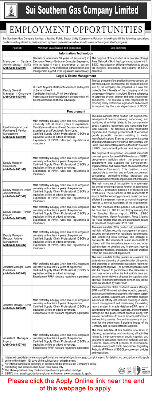 SSGC Jobs June 2025 Apply Online Assistant Managers & Others Sui Southern Gas Company Limited Latest