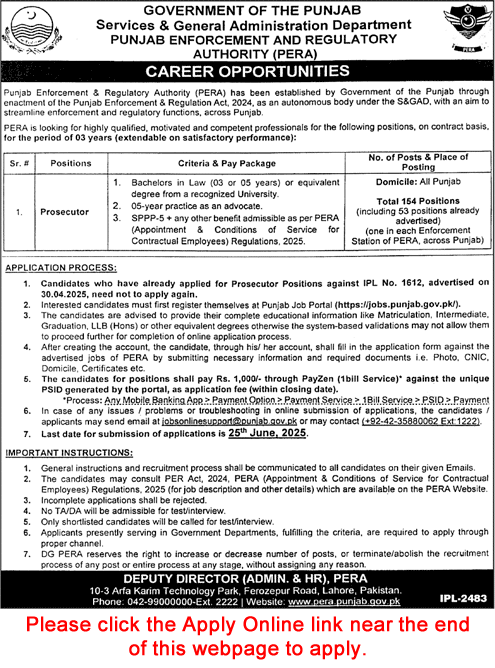 Prosecutor Jobs in Punjab Enforcement and Regulatory Authority June 2025 Apply Online PERA Latest