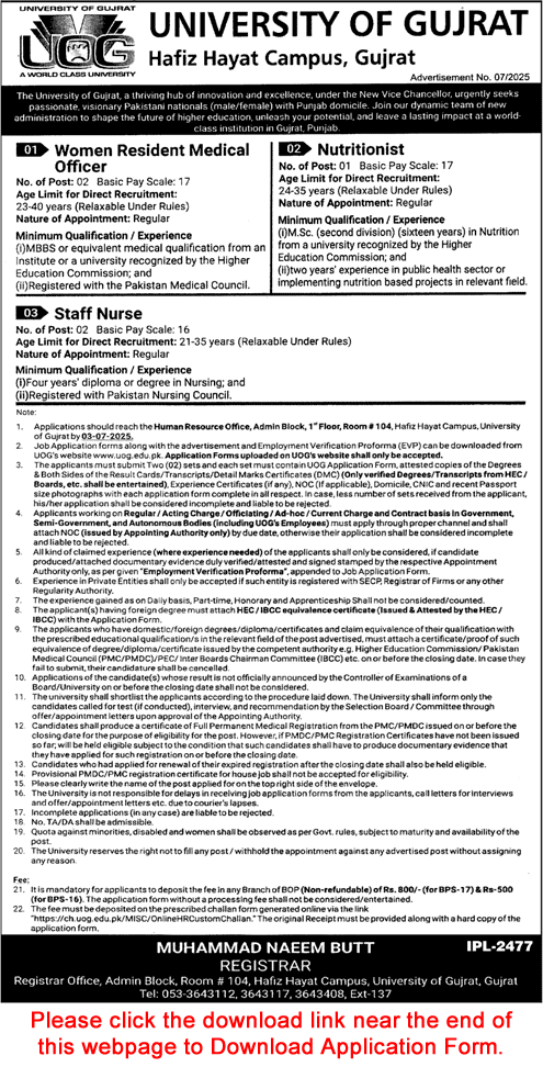 University of Gujrat Jobs June 2025 Application Form Nurses, Women Medical Officer & Nutritionist Latest