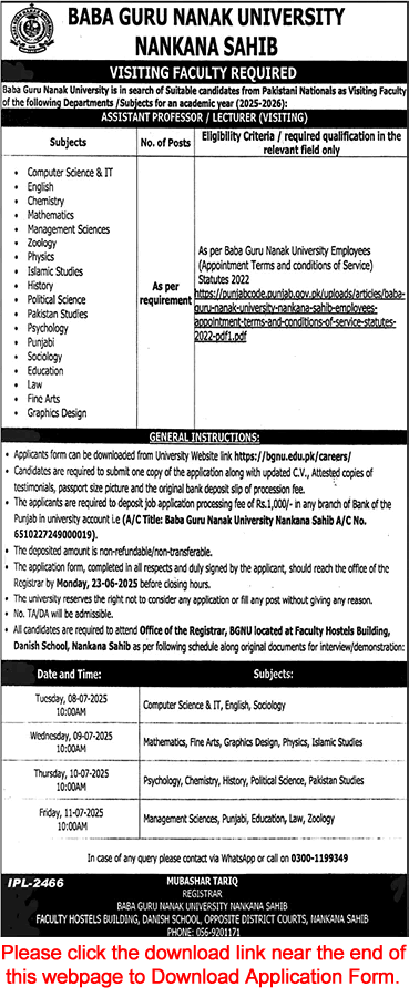 Baba Guru Nanak University Nankana Sahib Jobs 2025 June Application Form Teaching Faculty Latest