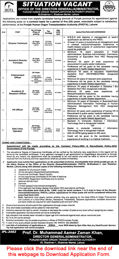 Punjab Human Organ Transplantation Authority Jobs June 2025 Application Form PHOTA Latest