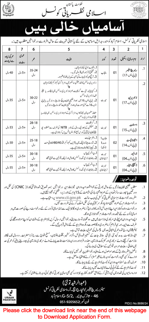 Council of Islamic Ideology Islamabad Jobs 2025 June Application Form Stenotypists, Driver & Others Latest