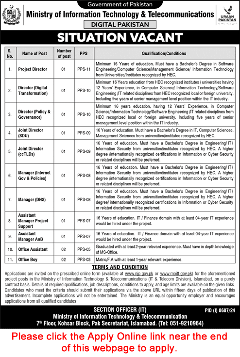 Ministry of Information Technology and Telecommunication Jobs June 2025 Apply Online MoITT Latest