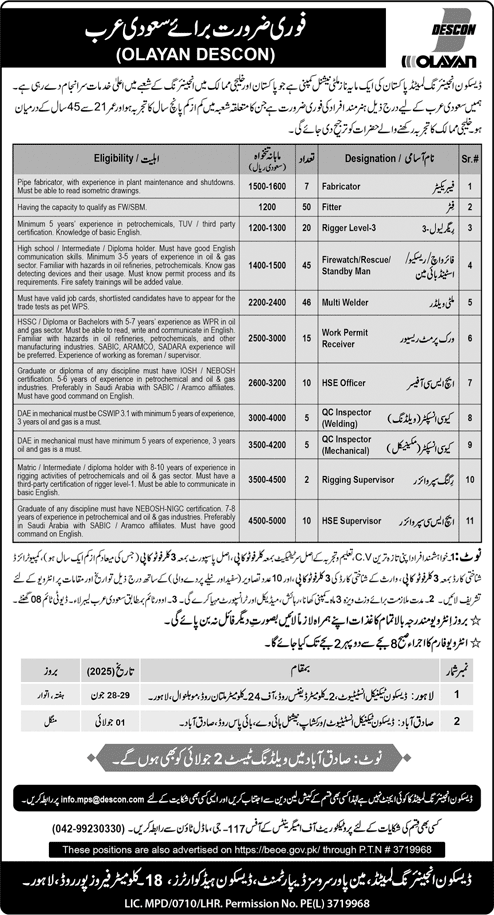 DESCON Engineering Saudi Arabia Jobs 2025 June Fitters, Riggers, Welders & Others Olayan Latest