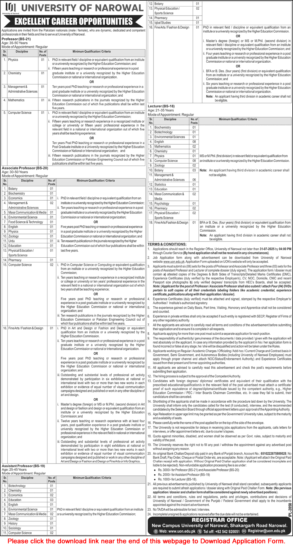 University of Narowal Jobs June 2025 Application Form Teaching Faculty Latest