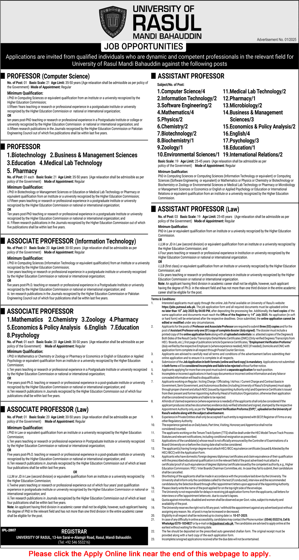 University of Rasul Mandi Bahauddin Jobs 2025 June Apply Online Teaching Faculty Latest