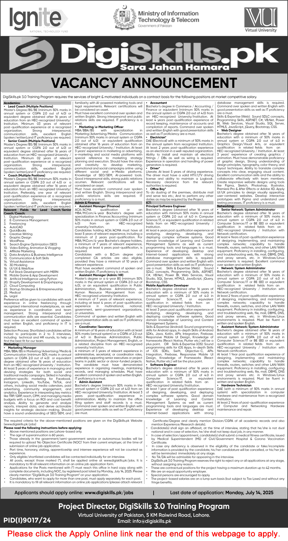 DigiSkills Pakistan Jobs 2025 June / July Apply Online Virtual University of Pakistan MoITT Latest