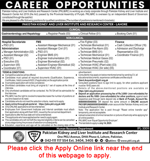 PKLI Lahore Jobs June 2025 July Apply Online Pakistan Kidney and Liver Institute and Research Center Latest