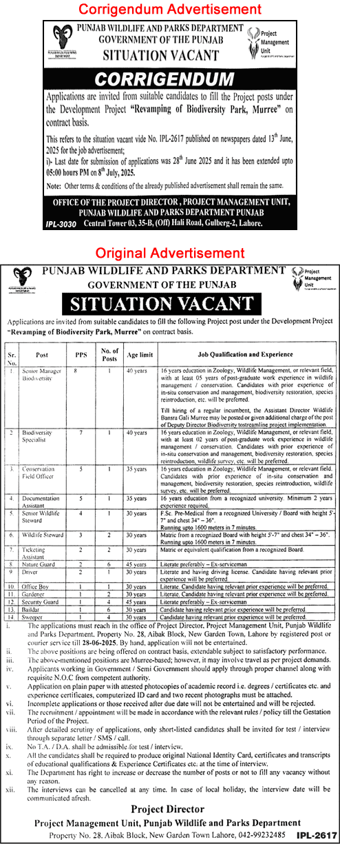 Punjab Wildlife and Parks Department Jobs June 2025 July Baildar, Guards, Sweepers & Others Latest