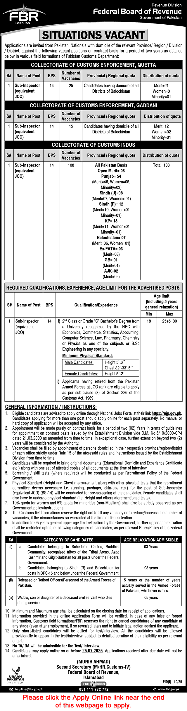 Sub Inspector Jobs in FBR July 2025 Apply Online Federal Board of Revenue Latest