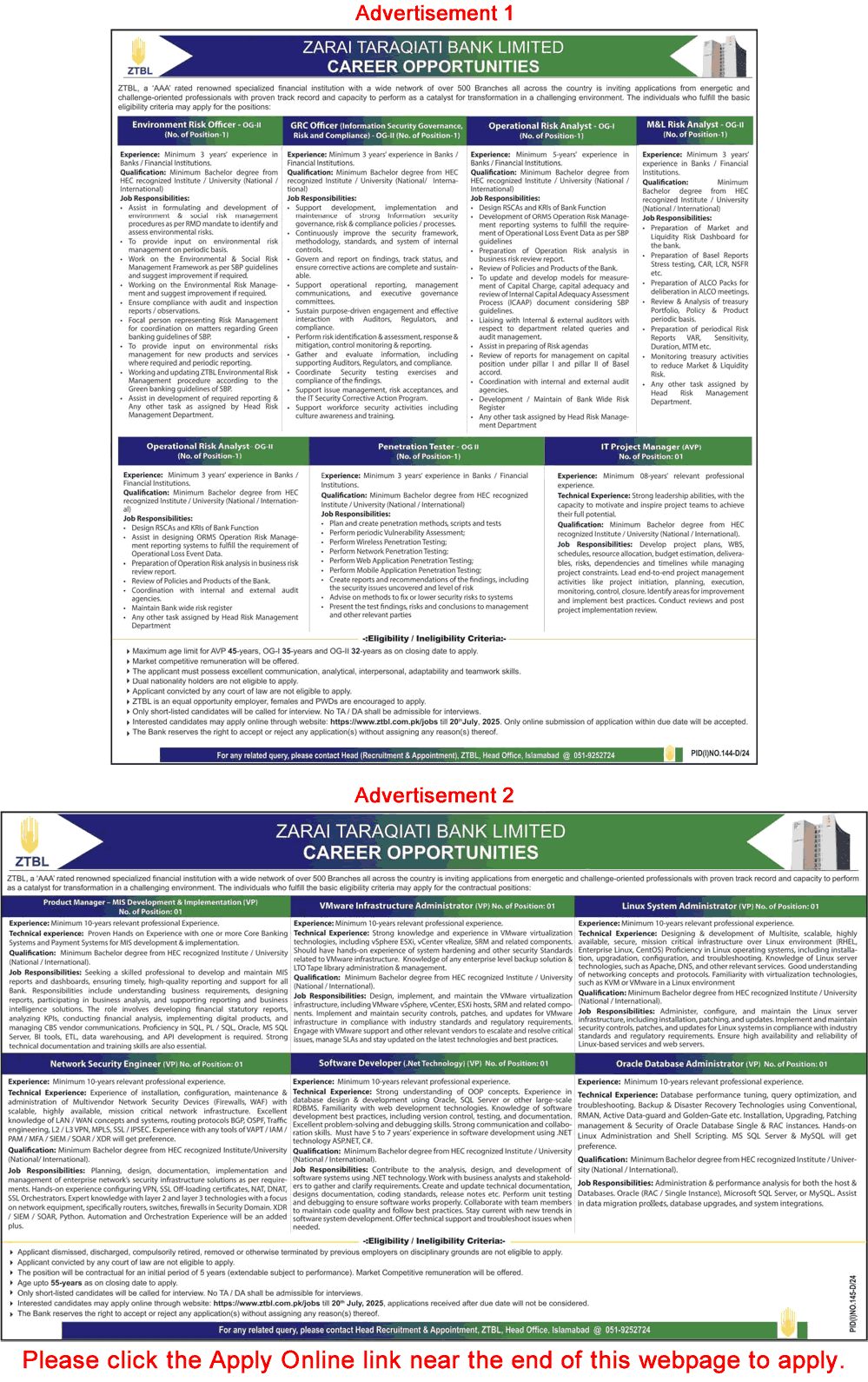 ZTBL Jobs July 2025 Apply Online Zarai Taraqiati Bank Limited Latest