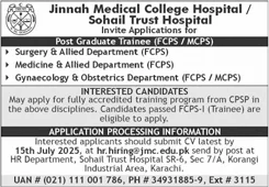 Jinnah Medical College Hospital Karachi Postgraduate Training Program 2025 July Sohail Trust Hospital Latest